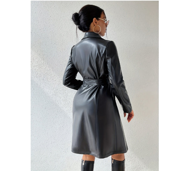 PU Long Sleeve Women's Slim Fit Long Trench Coat - Black & Elva