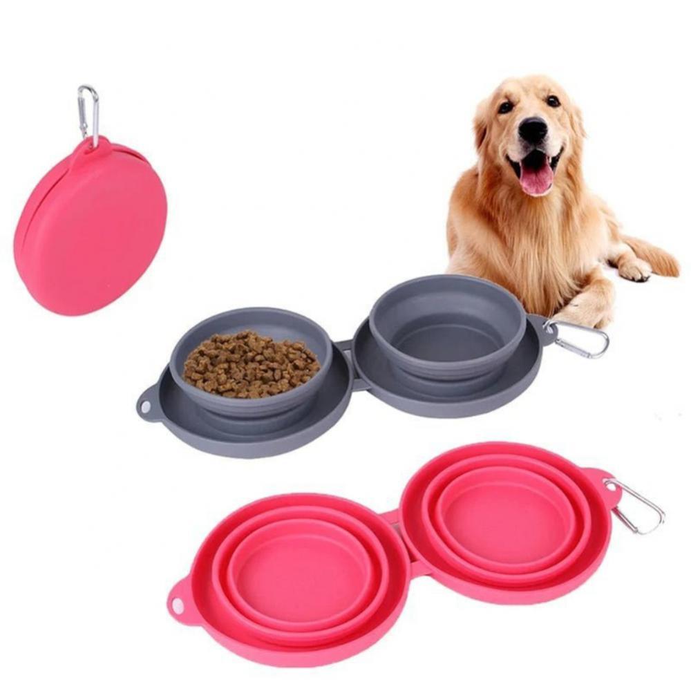 Rubber Foldable Double Bowl Pet Feeding Bowl Pets Supplies Dog Cat Bowls - Black & Elva