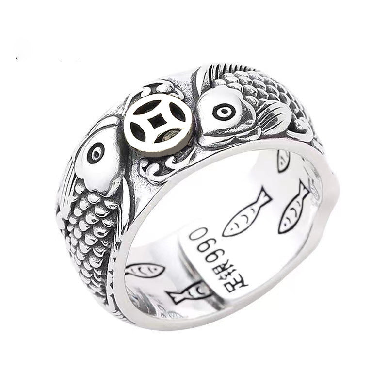 Retro Craft Argent Pur Copper Coins Marcasite Ring Men - Black & Elva