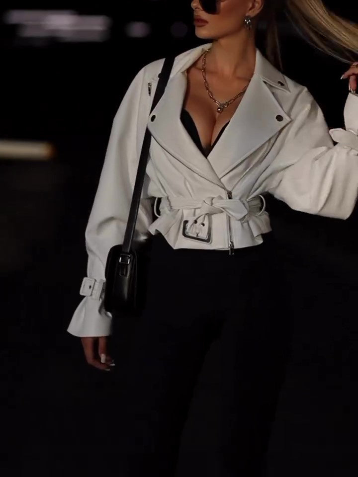 Solid Color Leather Cropped Jacket - Black & Elva
