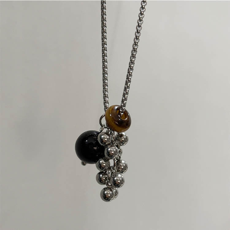 Niche Tigereye Titanium Steel Grape Cluster Ball Design Sense All-match Sweater Chain - Black & Elva