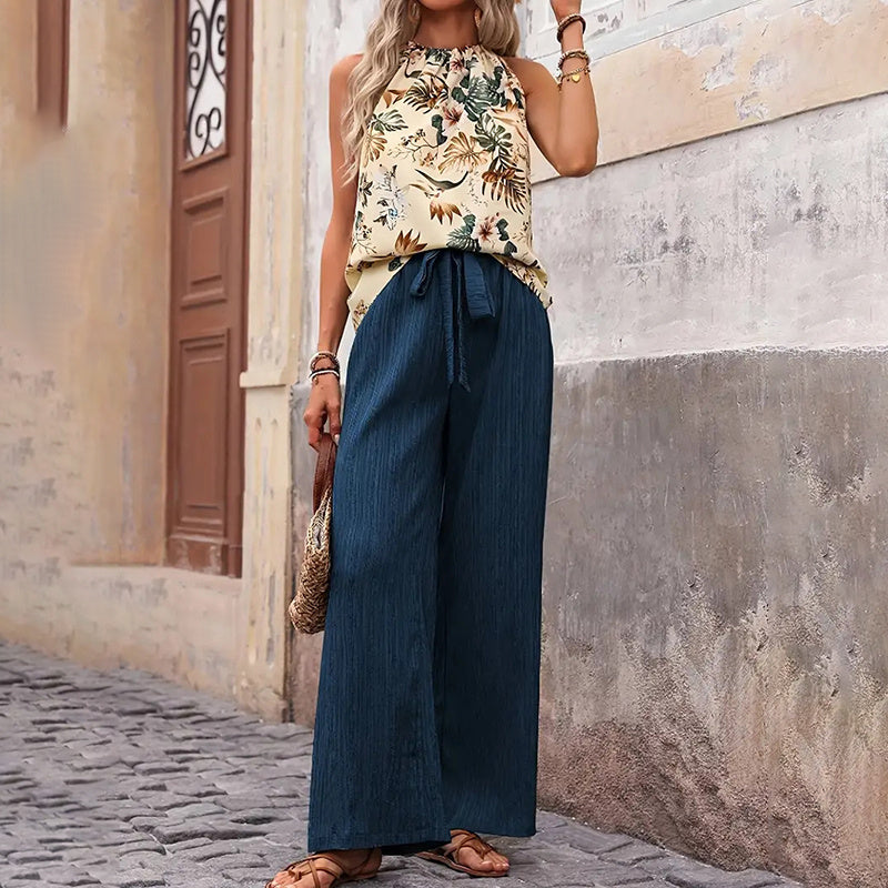 Women's 2 Piece Outfits Summer Casual Sleeveless Halter Neck Crop Tops Wide Leg Pants Set - Black & Elva