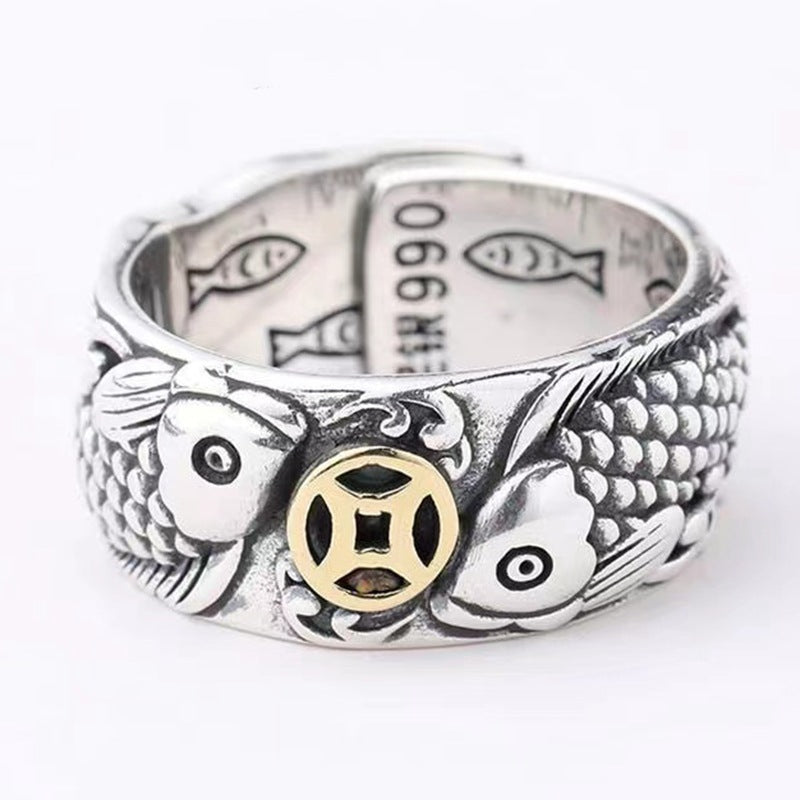 Retro Craft Argent Pur Copper Coins Marcasite Ring Men - Black & Elva