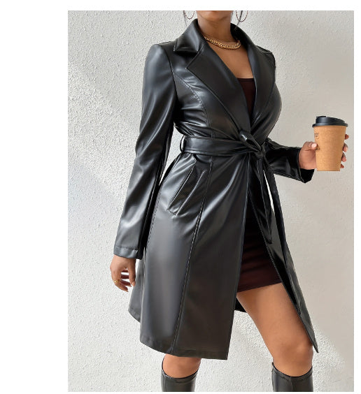 PU Long Sleeve Women's Slim Fit Long Trench Coat - Black & Elva