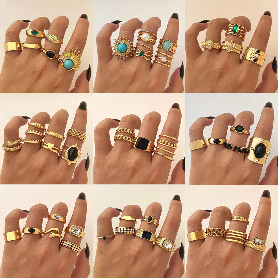 Geometric Emerald Color Natural Stone Metal Ring Plated KC Gold Ring Suit - Black & Elva