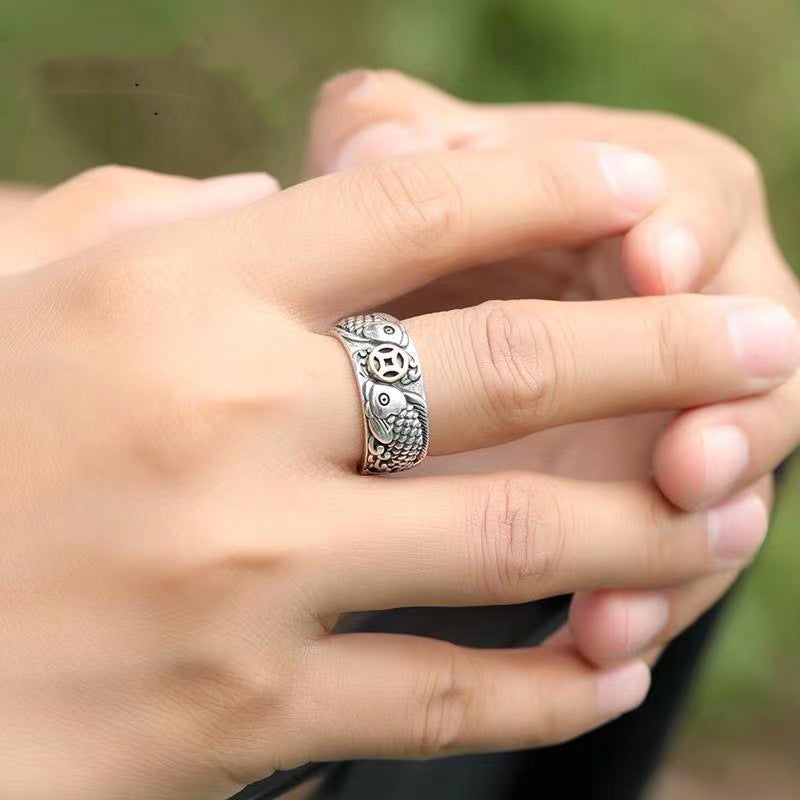 Retro Craft Argent Pur Copper Coins Marcasite Ring Men - Black & Elva