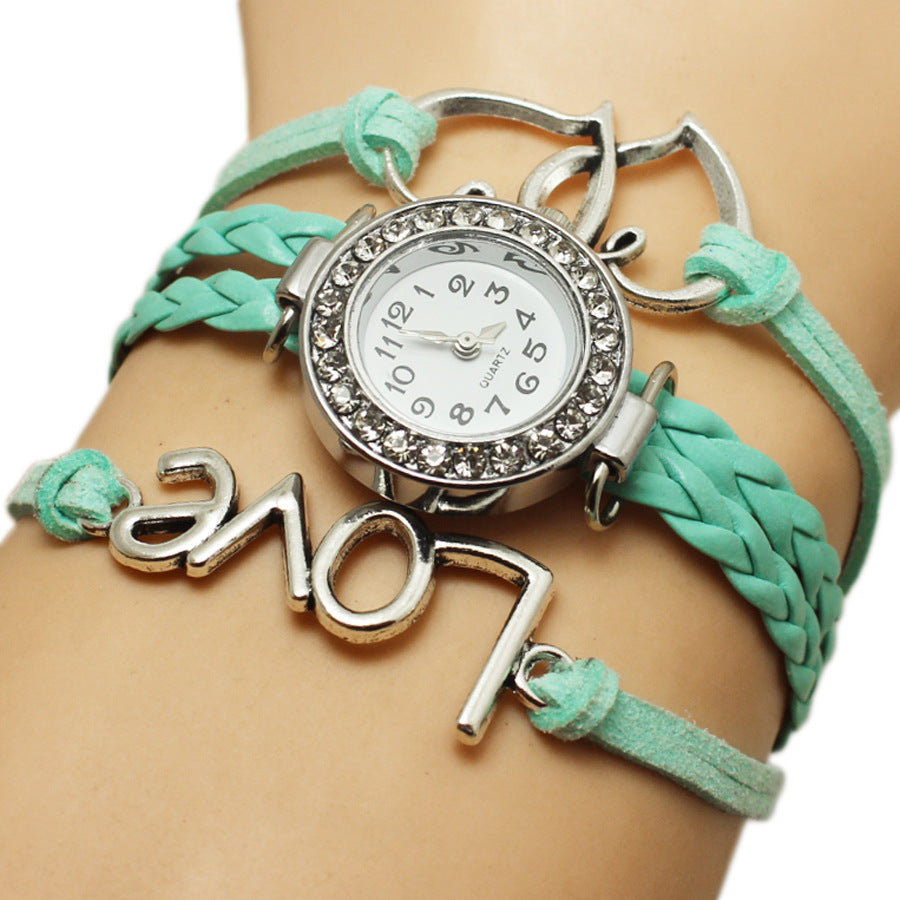 Alloy Love Double Heart-shaped Love Woven Multi-layer Watch - Black & Elva