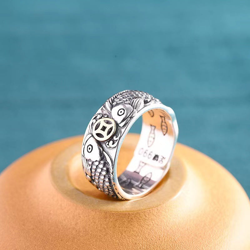 Retro Craft Argent Pur Copper Coins Marcasite Ring Men - Black & Elva