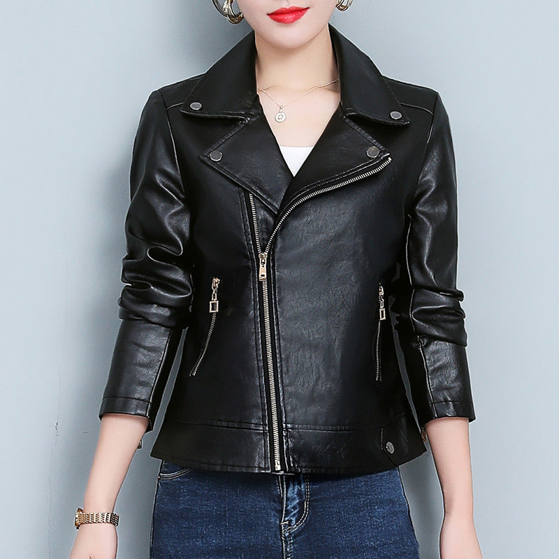 Leather Jacket Versatile Short Coat - Black & Elva