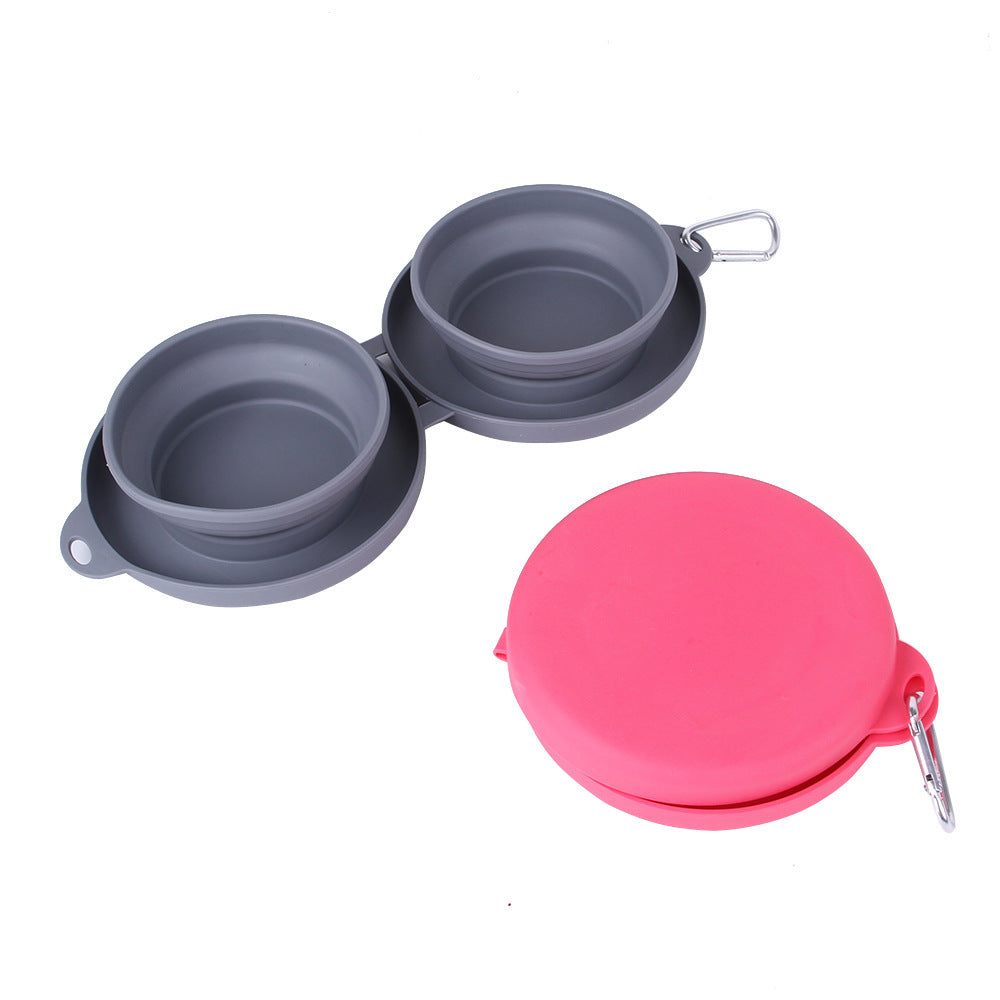 Rubber Foldable Double Bowl Pet Feeding Bowl Pets Supplies Dog Cat Bowls - Black & Elva