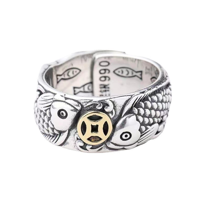 Retro Craft Argent Pur Copper Coins Marcasite Ring Men - Black & Elva