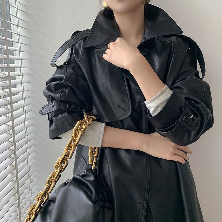 Retro Women's Mid-length Waist Slimming Pu Coat - Black & Elva