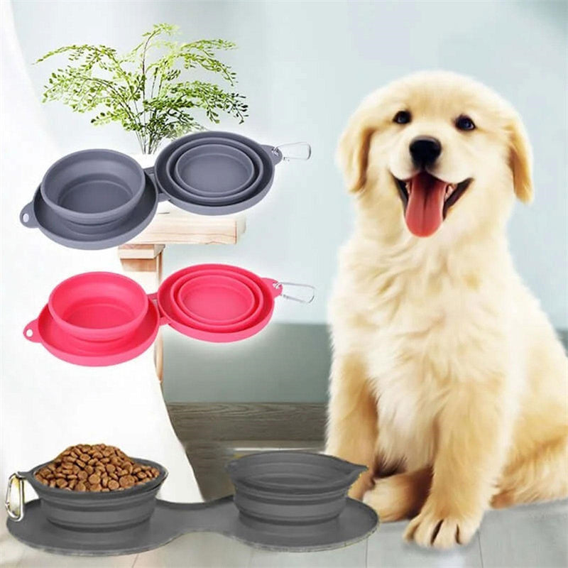 Rubber Foldable Double Bowl Pet Feeding Bowl Pets Supplies Dog Cat Bowls - Black & Elva