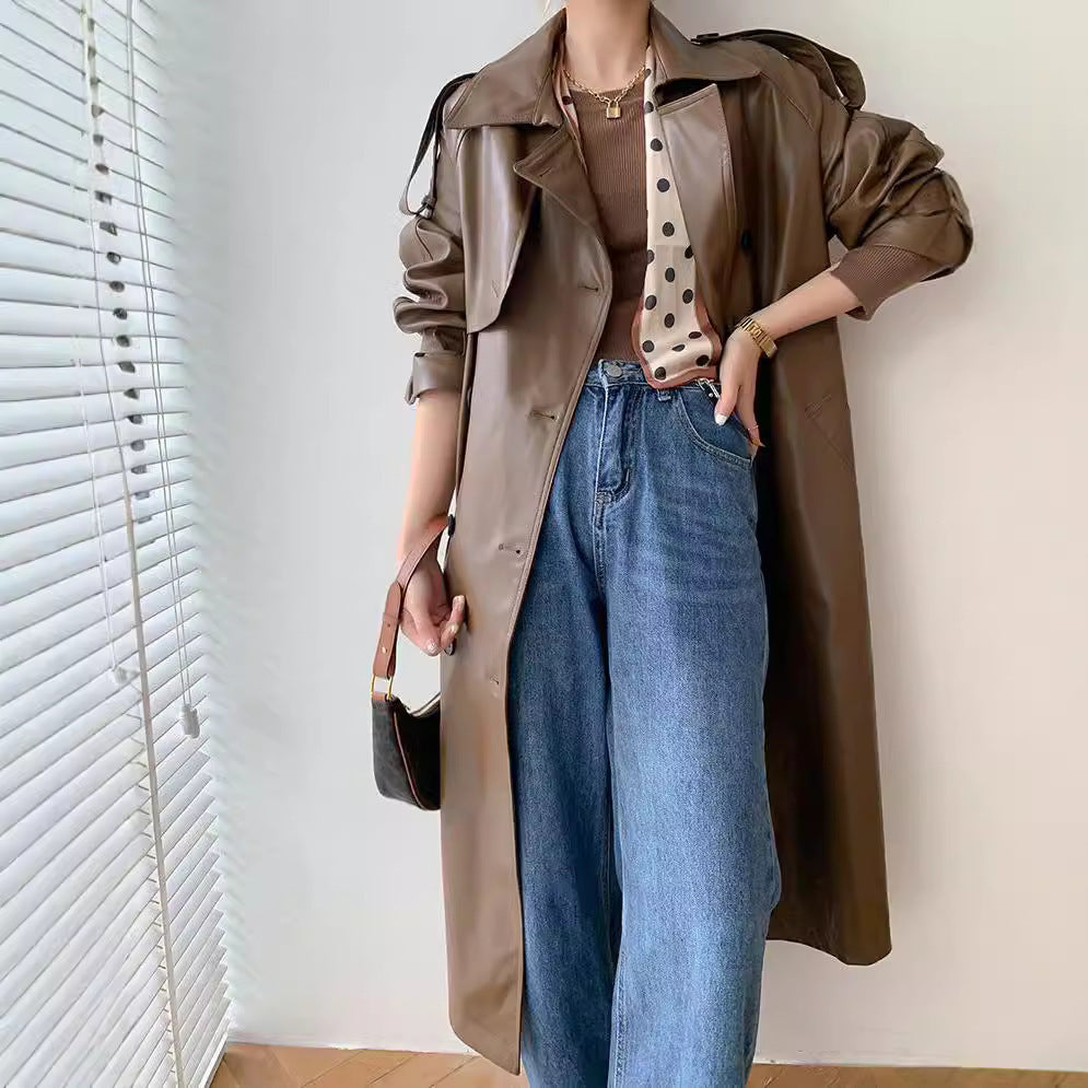 Retro Women's Mid-length Waist Slimming Pu Coat - Black & Elva