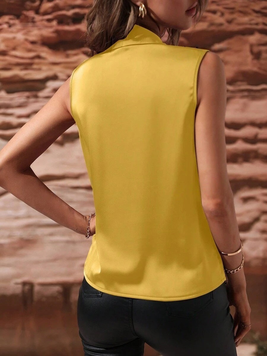 Women's Spring And Summer Sleeveless Satin Pleated Vest New Shirt - Black & Elva