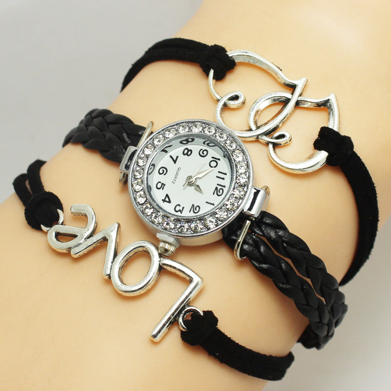 Alloy Love Double Heart-shaped Love Woven Multi-layer Watch - Black & Elva