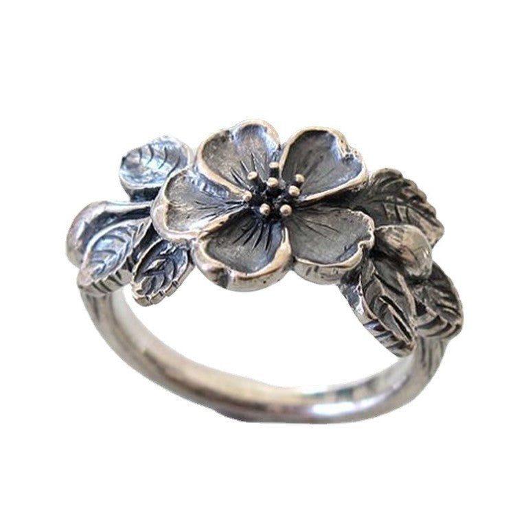 Retro Fashion Green Leaf Flower Blooming Bud Ancient Silver Ring - Black & Elva