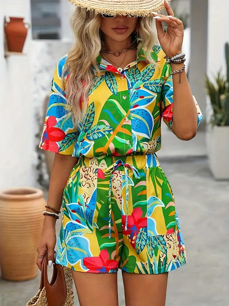 Hawaiian Style Short Sleeve Shirt Shorts Suit - Black & Elva