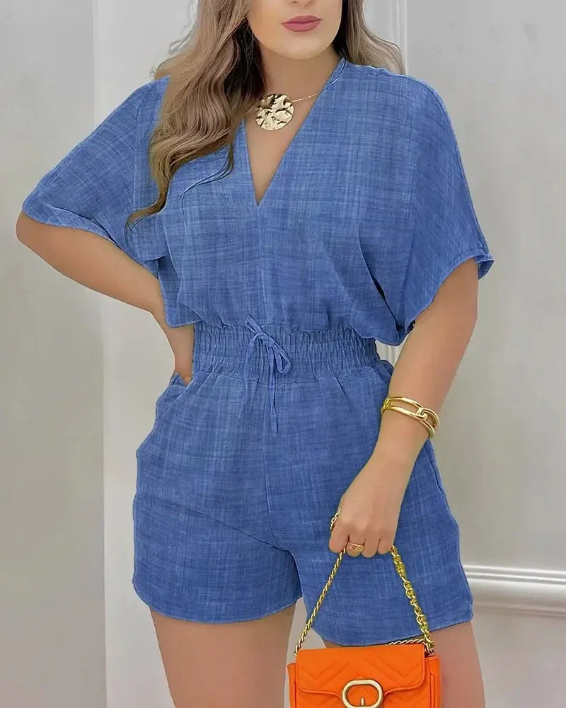 Casual V-Neck Printed Jumpsuit for Wome - Black & Elva