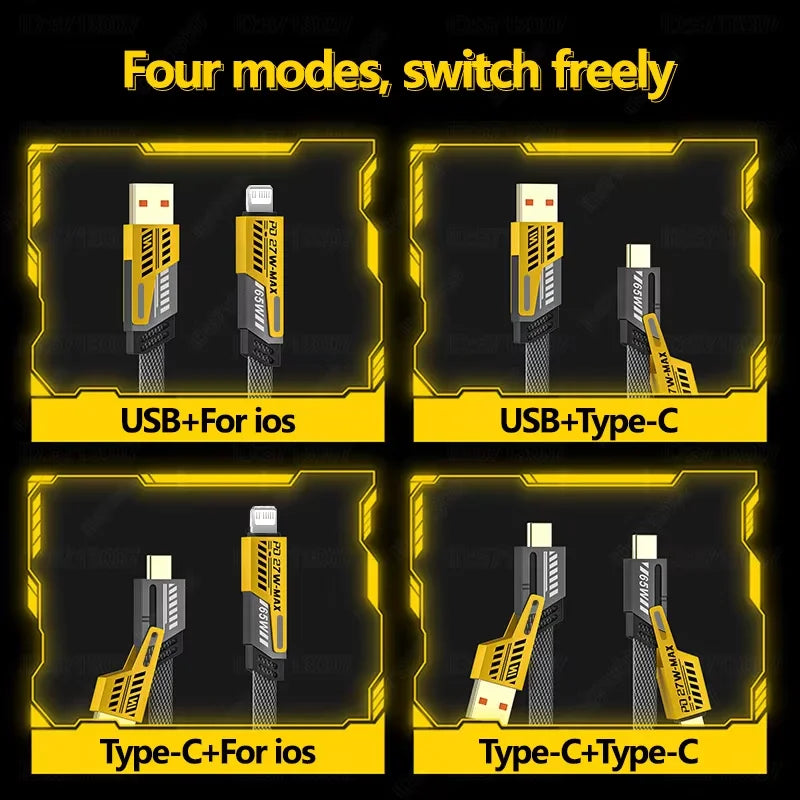 65W 4-in-1 Fast Charging Spring USB-C Cable all four connectors