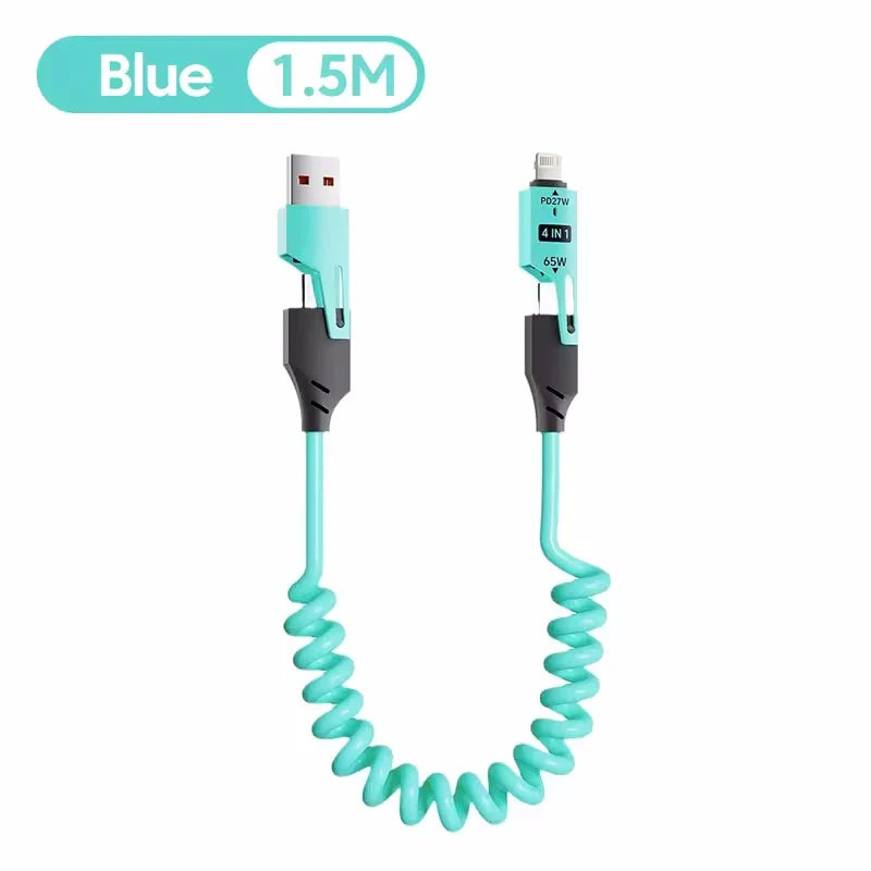 65W 4-in-1 Fast Charging Spring USB-C Cable spring telescopic design