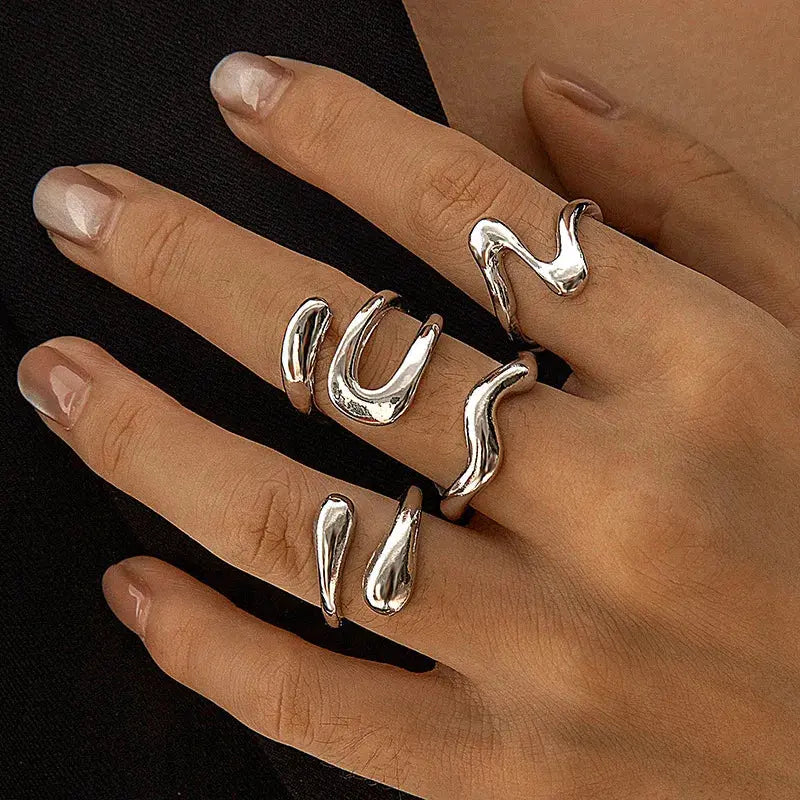 Punk Geometric Rings Set - Black & Elva