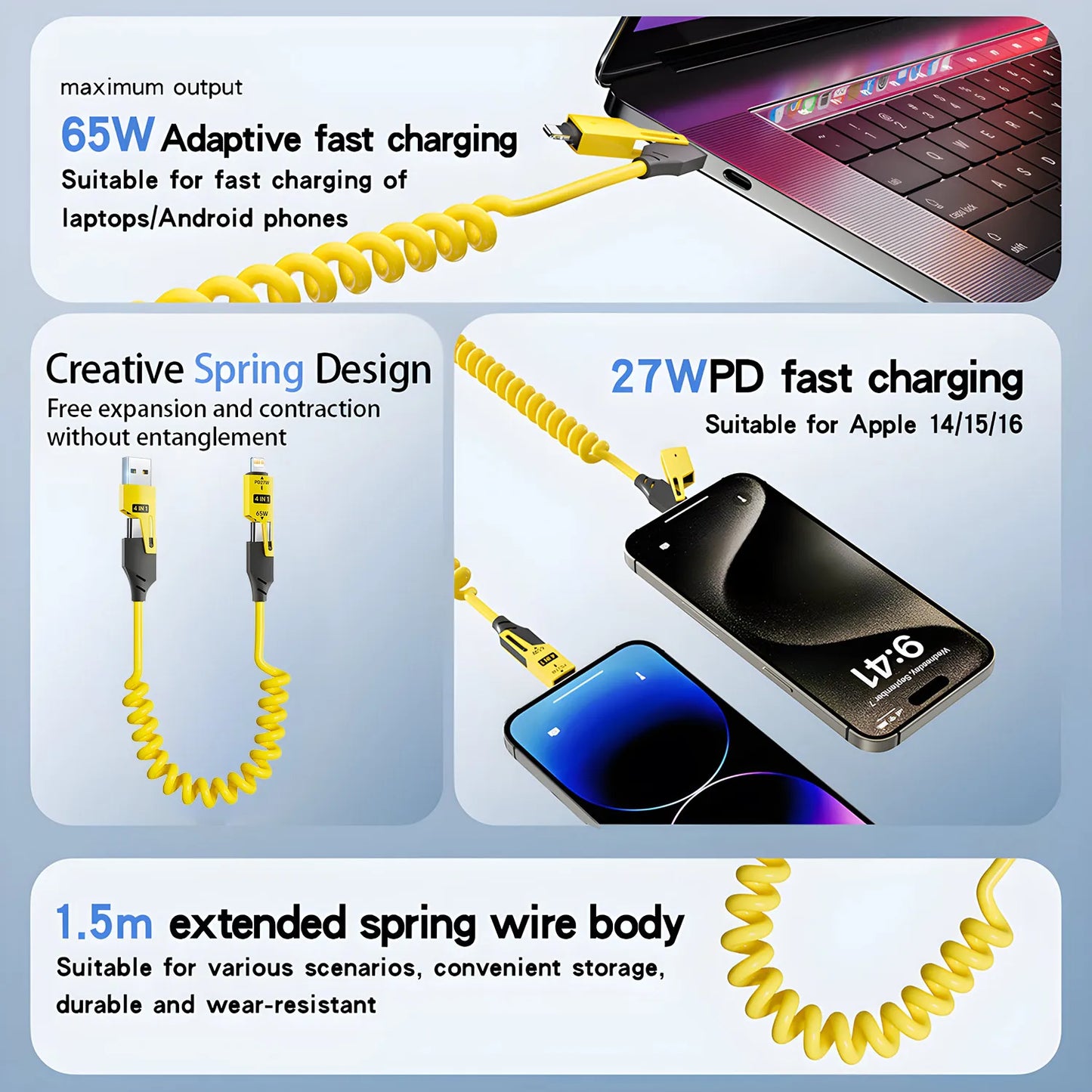 65W 4-in-1 Fast Charging Spring USB-C Cable connected to iPhone