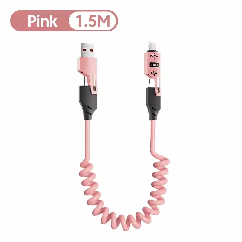 65W 4-in-1 Fast Charging Spring USB-C Cable spring telescopic design