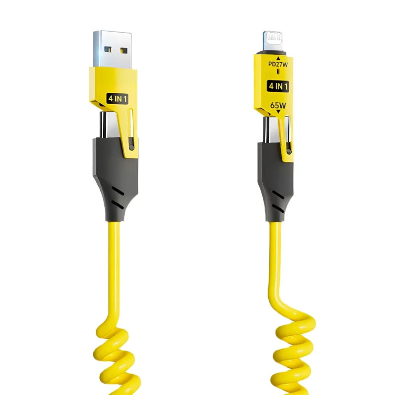 65W 4-in-1 Fast Charging Spring USB-C Cable spring telescopic design
