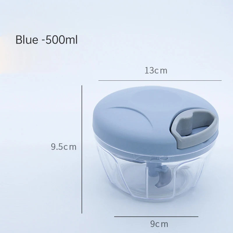 Garlic Crusher 500ml blue manual food chopper with ergonomic handle and durable blades for easy meal prep.
