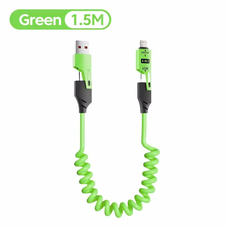 65W 4-in-1 Fast Charging Spring USB-C Cable spring telescopic design