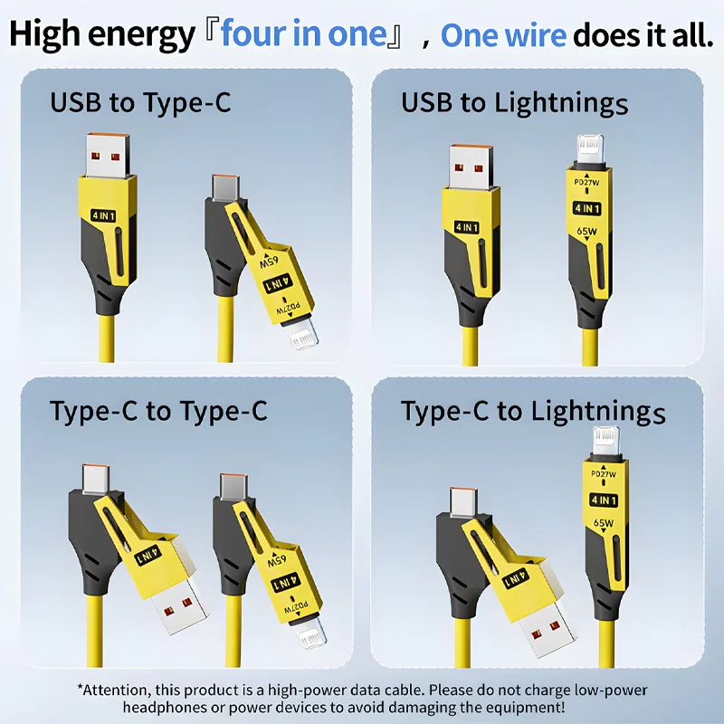 65W 4-in-1 Fast Charging Spring USB-C Cable all four connectors