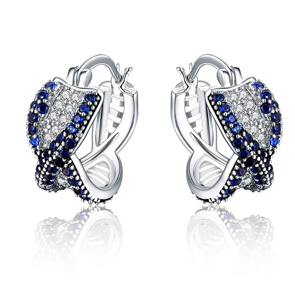 Blue cubic zirconia hoop earrings with elegant silver design, ideal for weddings and anniversaries, stylish women's accessories.
