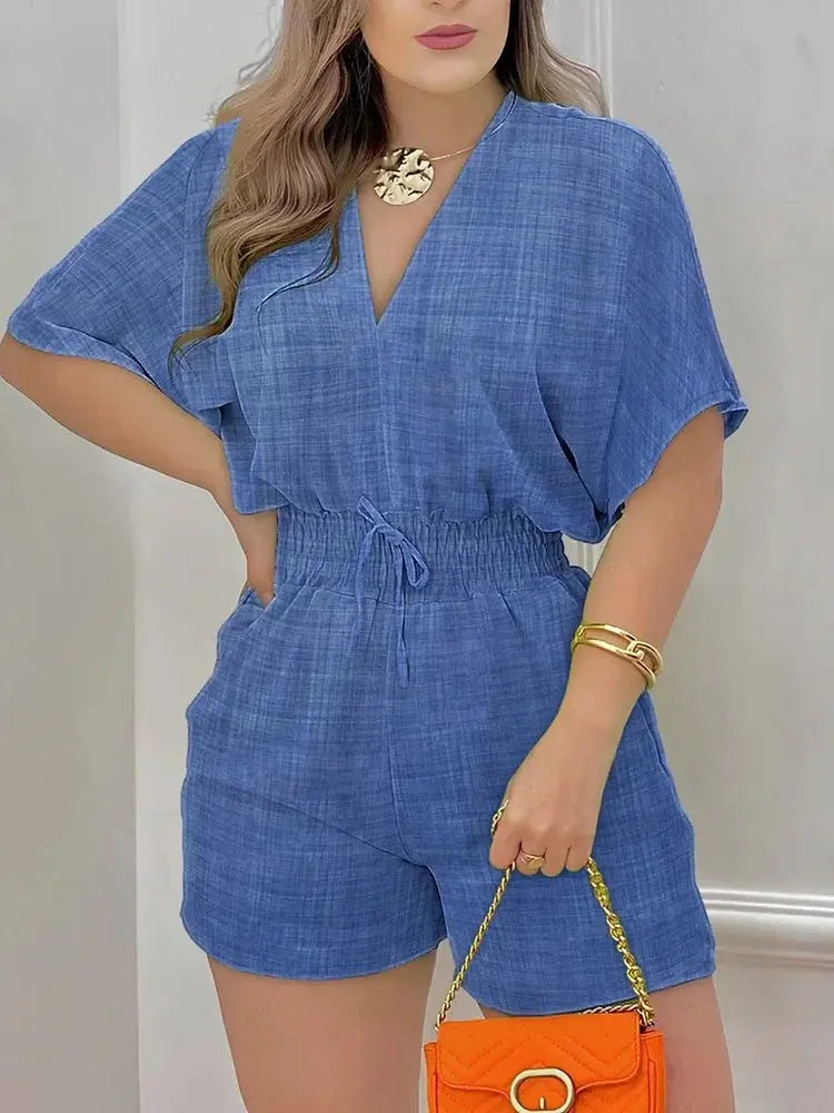 Casual V-Neck Printed Jumpsuit for Wome - Black & Elva