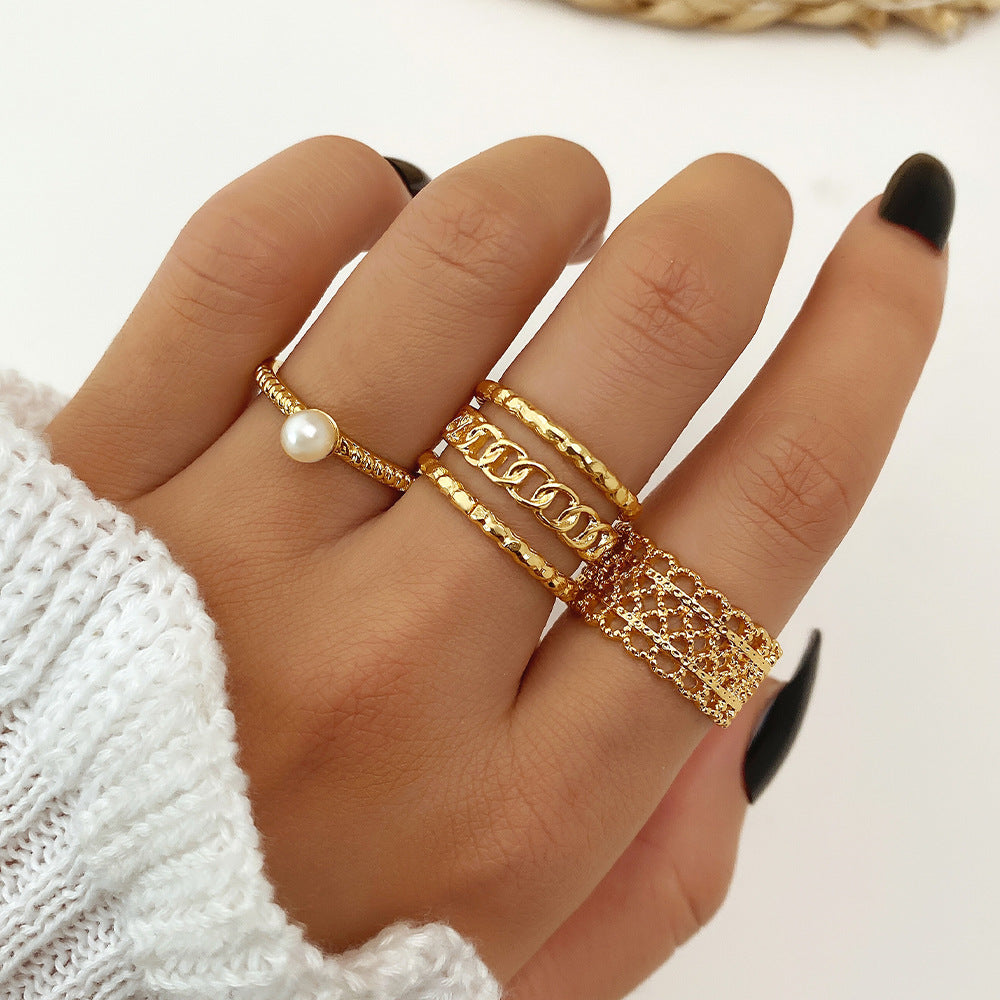 Geometric Emerald Color Natural Stone Metal Ring Plated KC Gold Ring Suit - Black & Elva