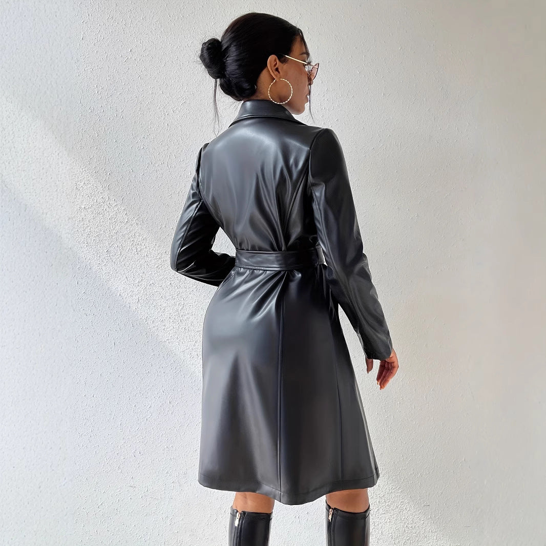 PU Long Sleeve Women's Slim Fit Long Trench Coat - Black & Elva