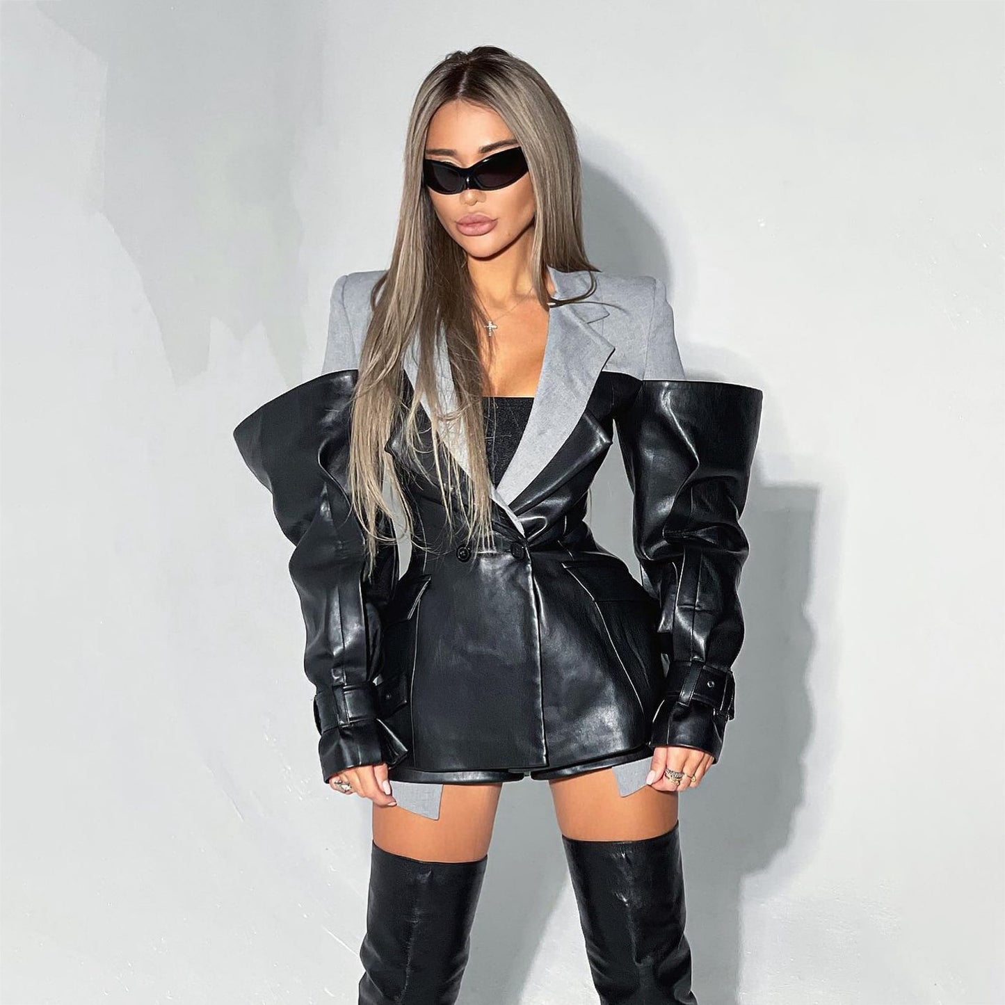 Leather Stitching Suit Jacket For Women Autumn And Winter New Advanced - Black & Elva