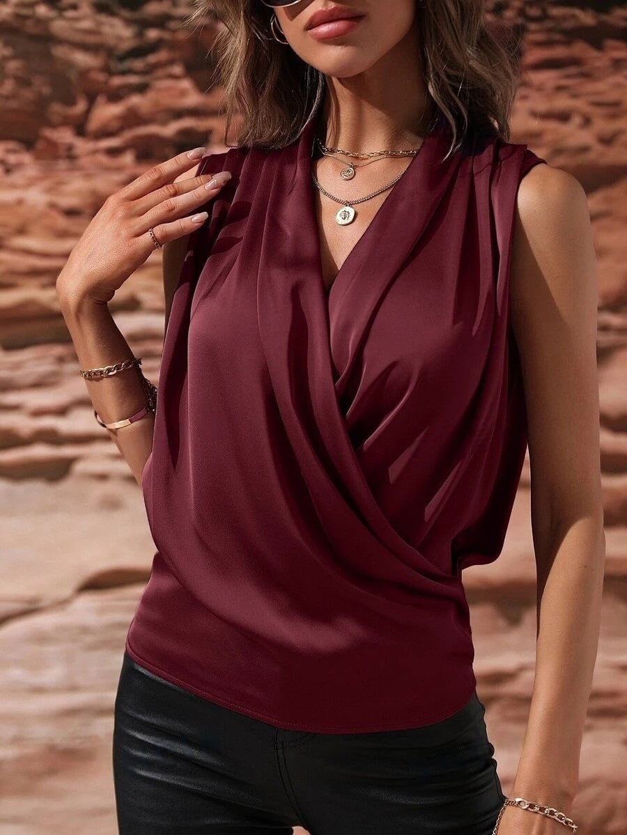 Women's Spring And Summer Sleeveless Satin Pleated Vest New Shirt - Black & Elva