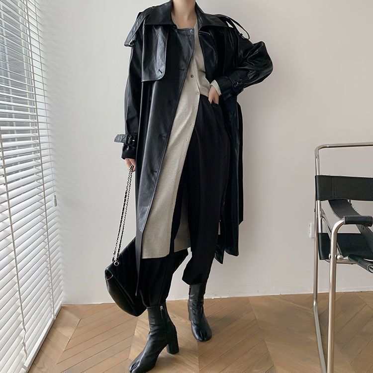Retro Women's Mid-length Waist Slimming Pu Coat - Black & Elva