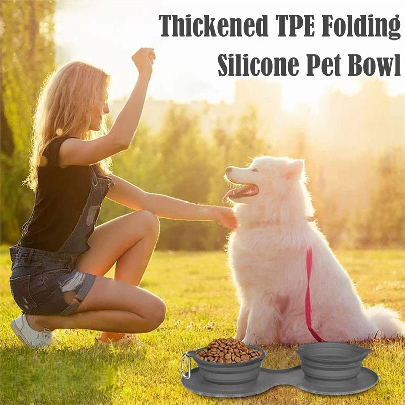 Rubber Foldable Double Bowl Pet Feeding Bowl Pets Supplies Dog Cat Bowls - Black & Elva