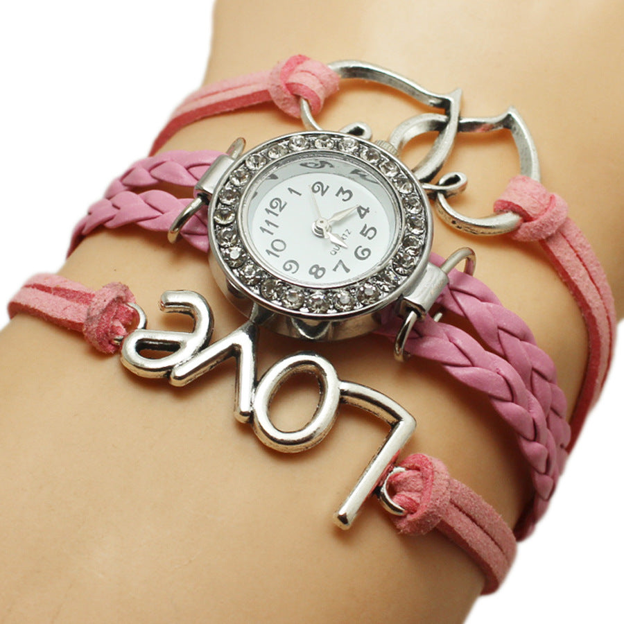 Alloy Love Double Heart-shaped Love Woven Multi-layer Watch - Black & Elva
