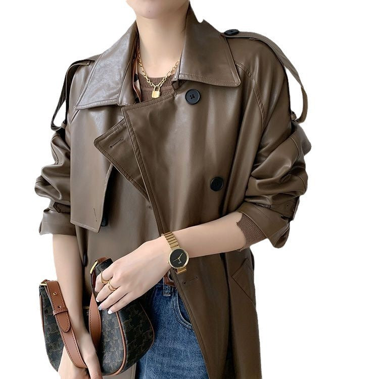 Retro Women's Mid-length Waist Slimming Pu Coat - Black & Elva