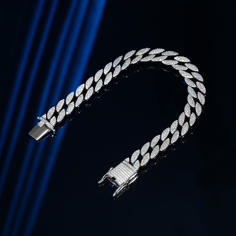 Cuban Bracelet Men's Sterling Silver With Diamonds - Black & Elva