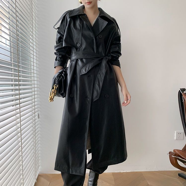 Retro Women's Mid-length Waist Slimming Pu Coat - Black & Elva