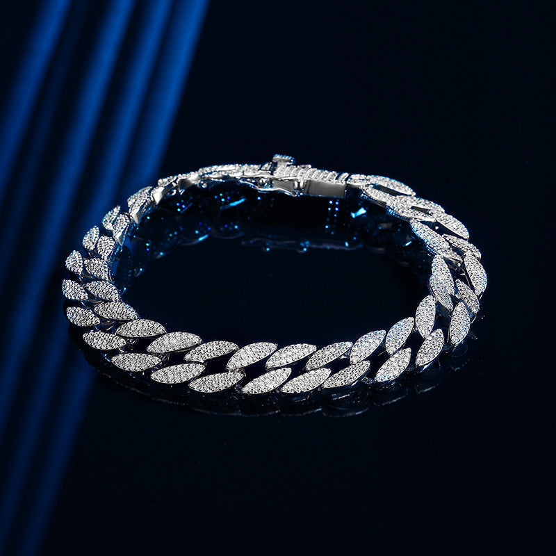 Cuban Bracelet Men's Sterling Silver With Diamonds - Black & Elva