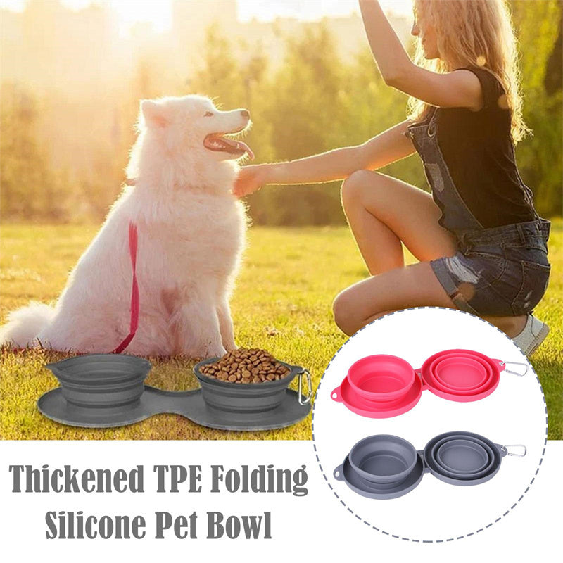 Rubber Foldable Double Bowl Pet Feeding Bowl Pets Supplies Dog Cat Bowls - Black & Elva
