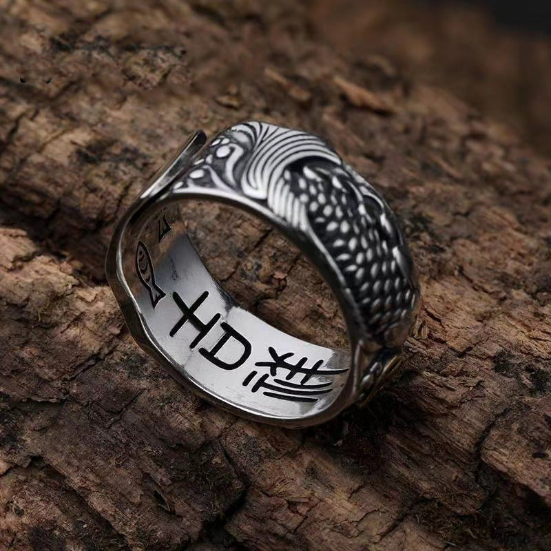 Retro Craft Argent Pur Copper Coins Marcasite Ring Men - Black & Elva