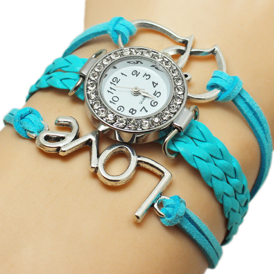 Alloy Love Double Heart-shaped Love Woven Multi-layer Watch - Black & Elva