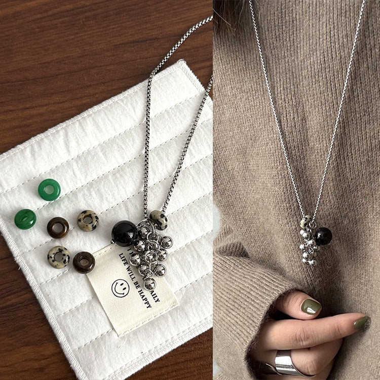 Niche Tigereye Titanium Steel Grape Cluster Ball Design Sense All-match Sweater Chain - Black & Elva