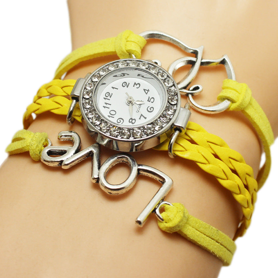 Alloy Love Double Heart-shaped Love Woven Multi-layer Watch - Black & Elva